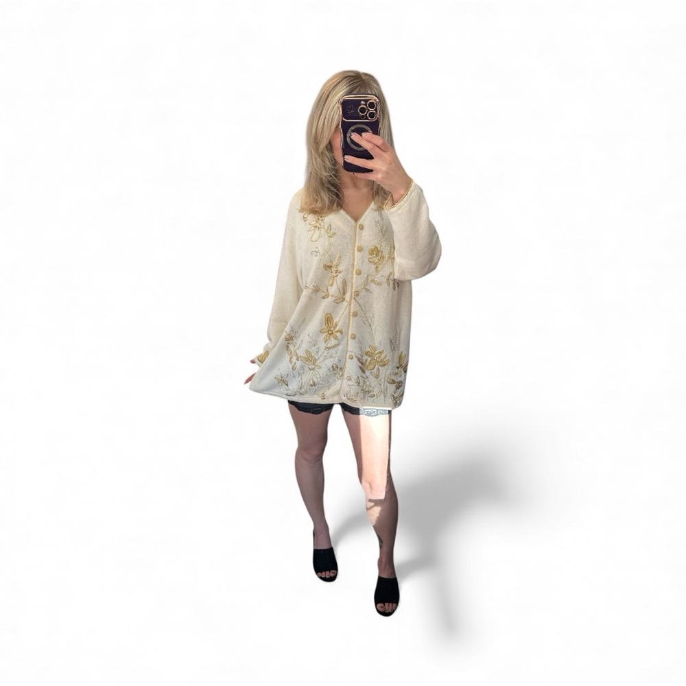 NWT Vintage Early 90’s Arriviste Cream Cardigan with Gold Floral Design Large - Picture 8 of 8